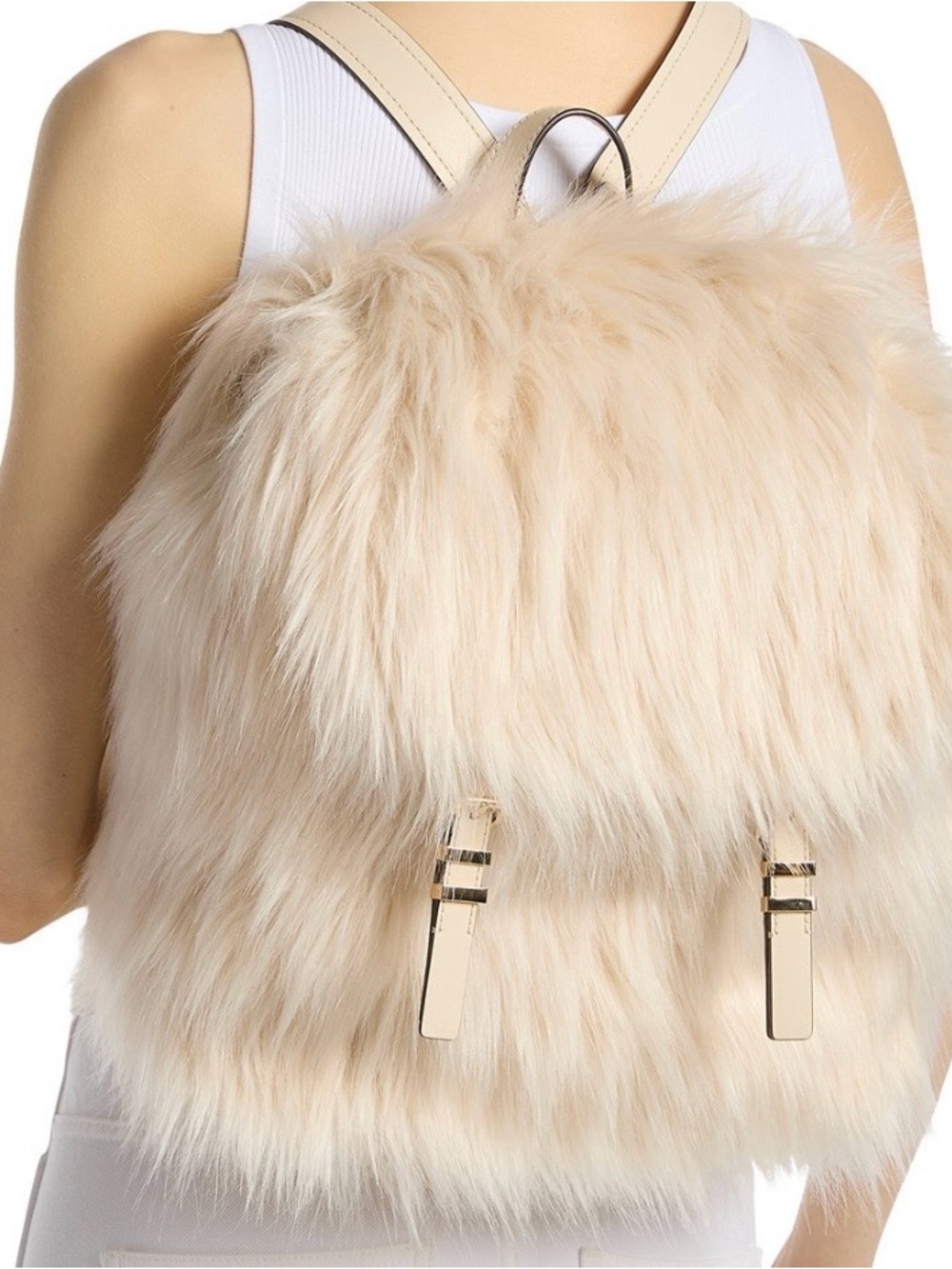 New With Tags MICHAEL KORS Quinn Medium Flap Faux Fur Backpack Natural AUTHENTIC - Picture 3 of 11